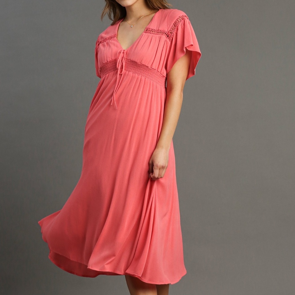 Trimmed Detail V-Neck Ruffle Sleeves Maxi Dress